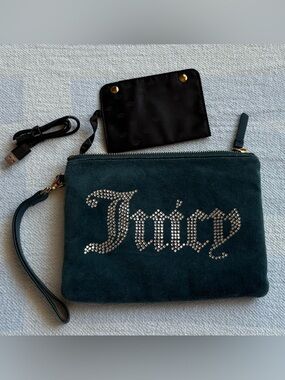 Juicy Couture Dark Teal Suede Wristlet with Crystal Logo Accent